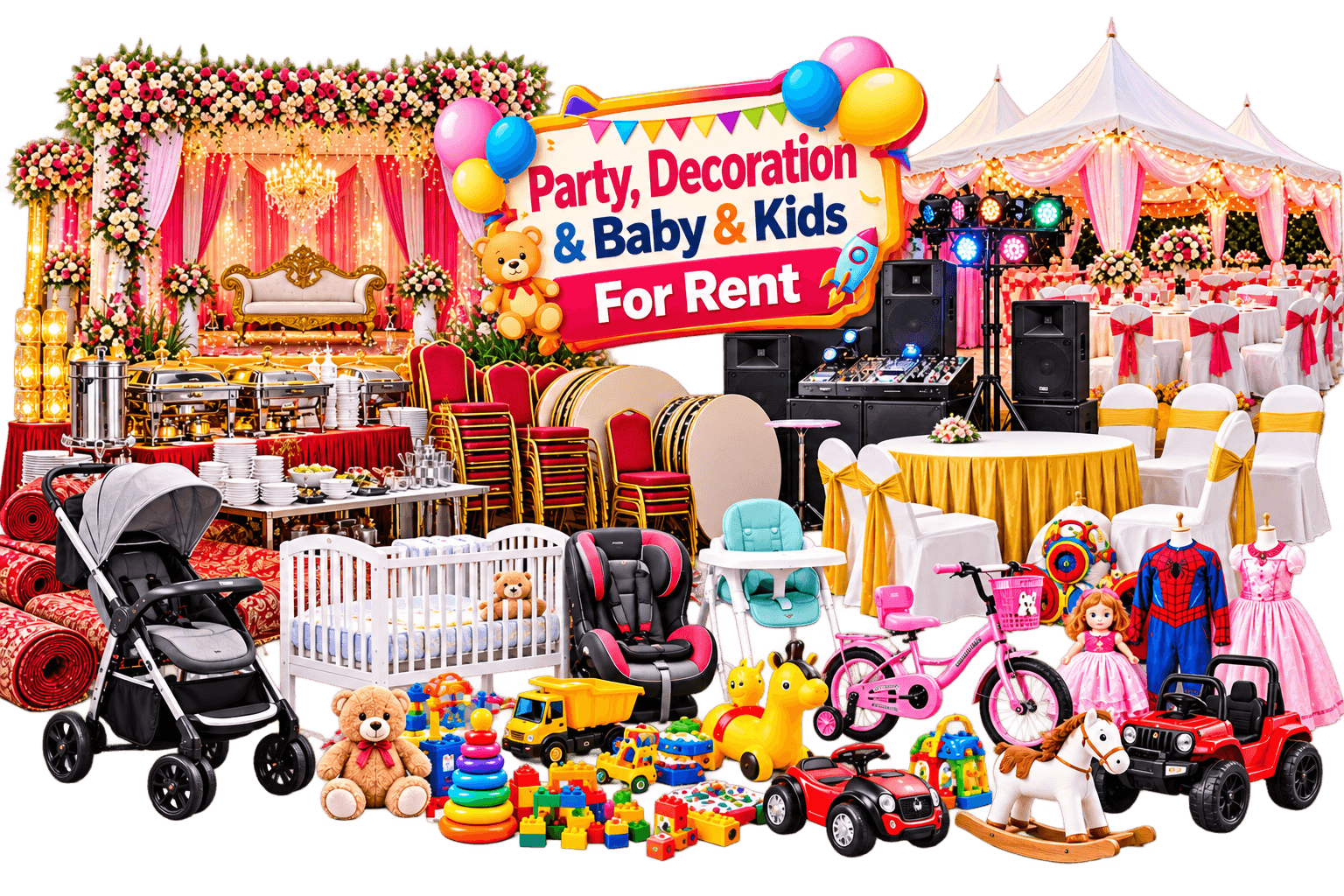 Rent Birthday Decoration, Wedding Mandap, Fairy Lighting, Chairs and Crockery